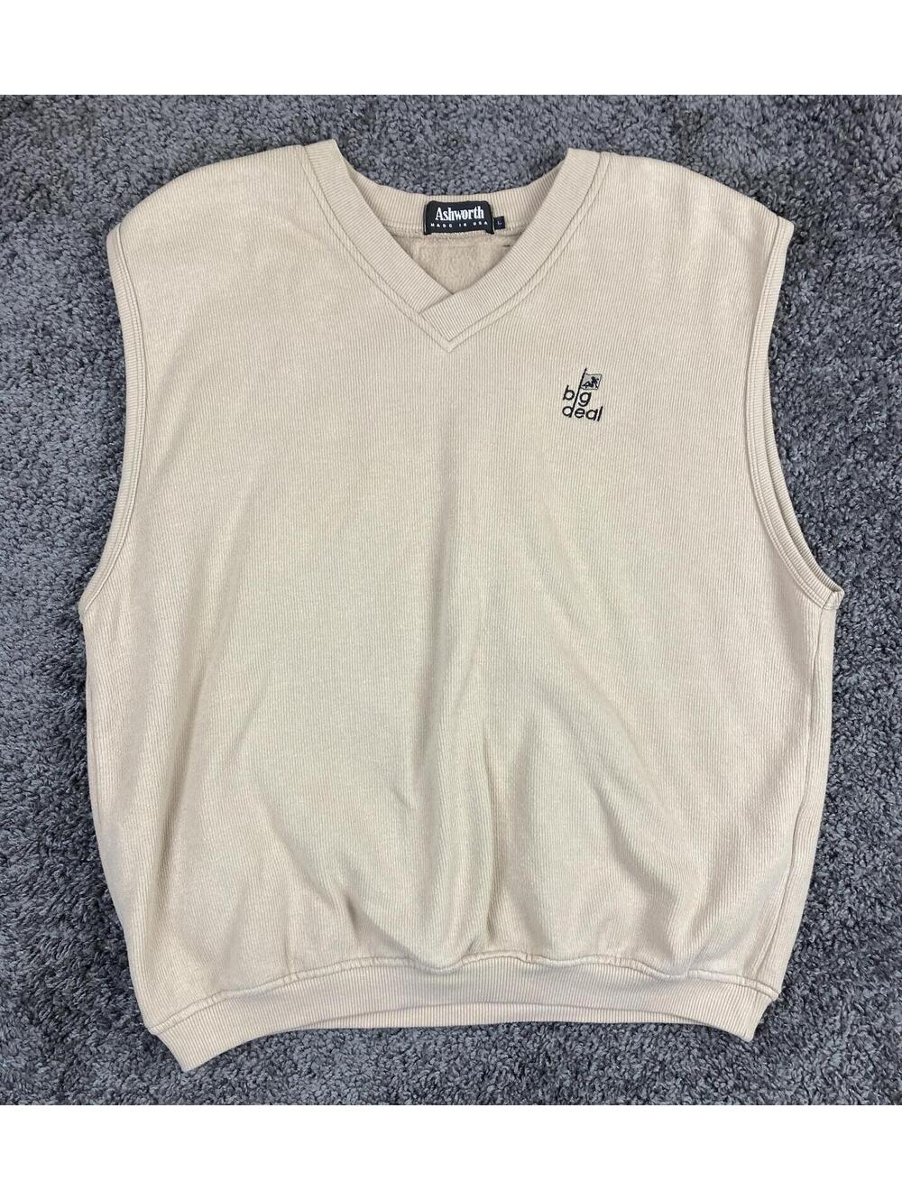 Vintage Ashworth Sweater Vest V-neck Sleeveless Men's Beige Golf Sz L
